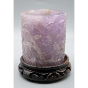 Carved Amethyst Brush Pot On A Wooden Base, China, Early 20th Century.