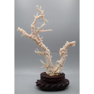 Group Carved In White Coral With Two Female Deities