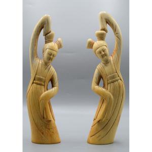 Pair Of Carved Ivory Statuettes, Qing Dynasty, China