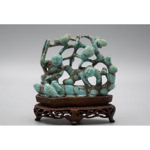 Group In Sculpted Turquoise: Children Under A Pine Tree, Early 20th Century