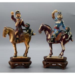 A Pair Of Polychrome Ivory Buddhist Lion Riders, China, Qing Dynasty 1644-1912