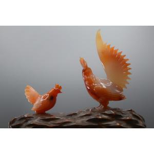 Statuette Of Roosters In Agate, Chinese Handicraft About 1950