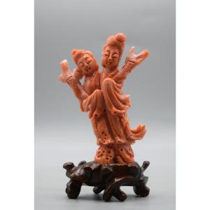 Carving Of Two Chinese Fairies In Genuine Red Coral