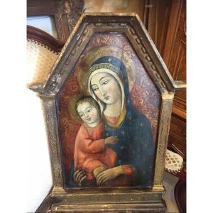Oil Painting On Panel Virgin And Child 