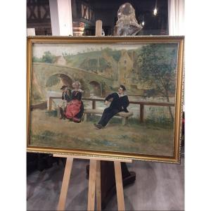 Oil Painting On Canvas Breton People Scene 19th Century 