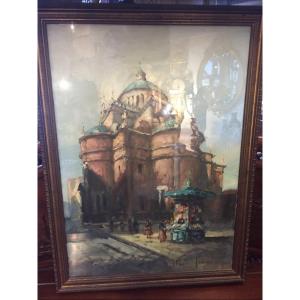 Oil Painting On Canvas Representing A Lively Kiosk In Front Of A Church