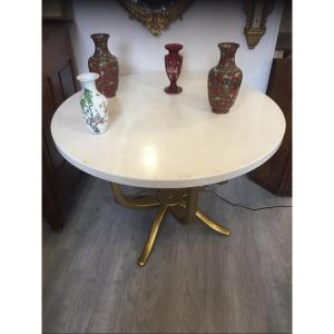 1980s Designer Table With Gold Metal Base And Marble Top