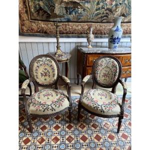 Pair Of Louis XVI Period Armchairs With Small Dot Tapestry 
