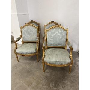 Set Of Four Louis XVI Style Giltwood Armchairs 