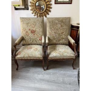 Pair Of Large High-backed Regency Style Armchairs With Needlepoint Tapestry 