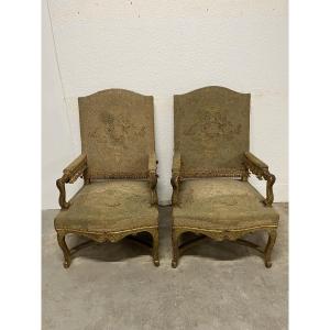 Pair Of Large Louis XIV Style Gilded And Carved Wooden Armchairs 
