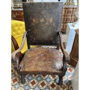 Important Louis XIV Style Armchair Covered In Cordoba Leather 