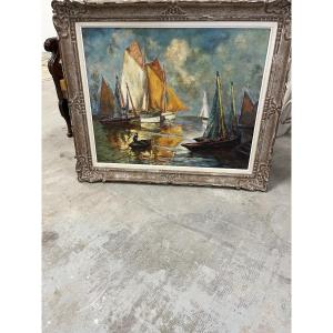 Signed Marine Painting Of Fishing Boats