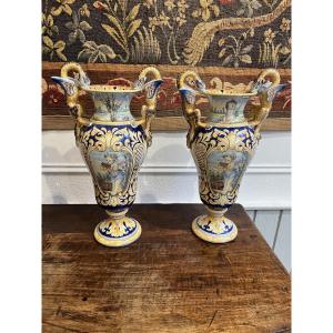 Pair Of Nevers Earthenware Vases, Renaissance Style 