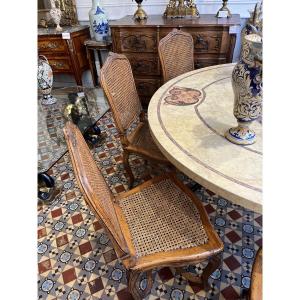 Set Of 6 Chairs In Carved Walnut And Caning With Legs And Stretchers 