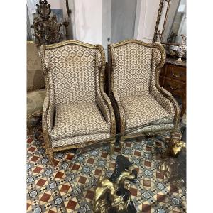 Pair Of Louis XVI Style Giltwood Wingback Armchairs