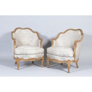 Pair Of Louis XV Style Gondola-shaped Bergère Armchairs