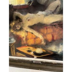 Pastel Nude Reclining By Louis Fortuney