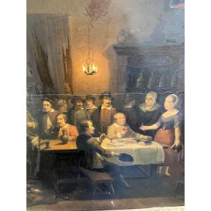 Oil Painting On Panel Depicting An Interior Tavern Scene, Early 19th Century