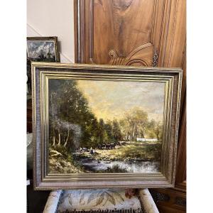 Oil Painting On Canvas "the Washerwomen" Signed