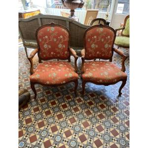 Pair Of Louis XV Style Armchairs With Flat Backs