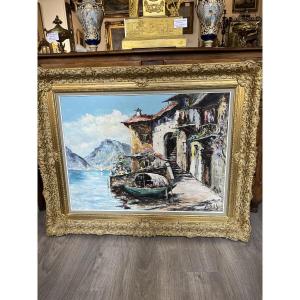 Oil On Canvas Lakeside Landscape Signed