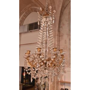 Gilded Bronze Chandelier With Pampilles And Pearls 19th Century