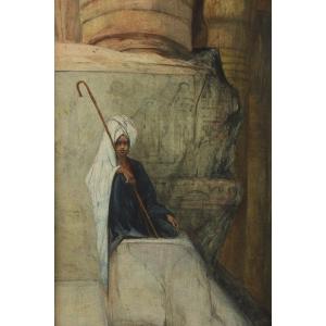 Young Egyptian In The Ruins Of Karnak, Watercolor By Georges Clairin