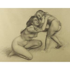 Mother And Daughter, Drawing By Emile Friant
