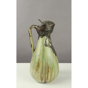 Pitcher In Enamelled Stoneware And Silver Mount By Alexandre Bigot