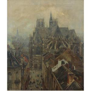 The Roofs Over The City, Oil On Canvas By Oswald Poreau