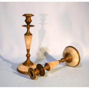 Pewter Candlesticks  In Alabaster And Brass.  