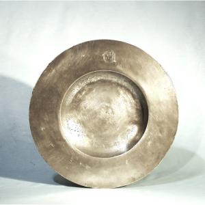 Large Round Forged Pewter Platter -angers, XVII Th C.