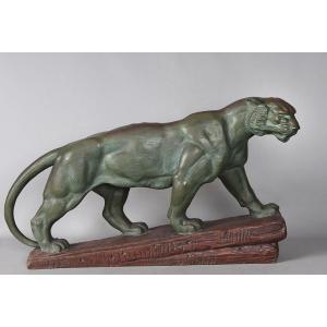 Terracotta, 75 Cm, Marcel Bouraine 1886/1948, Tiger, Art Deco, Tiger