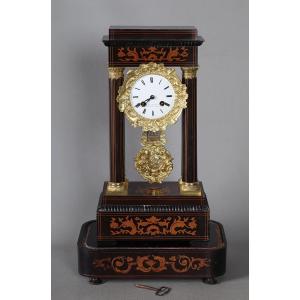 Empire / Charles X Period Portico Clock, Bronze And Marquetry, Signed
