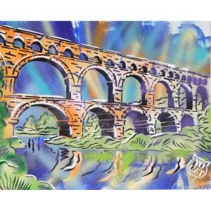 The Pont Du Gard, Acrylic Signed: Yocat, French School, Nîmes