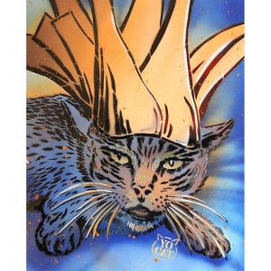 King Cat, Acrylic Signed: Yocat, French School, Cat