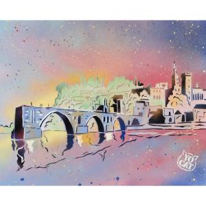 The Pont d'Avignon, Acrylic Signed: Yocat, French School, Provence
