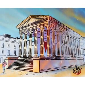 Nîmes, The Maison Carrée, Acrylic Signed: Yocat, French School