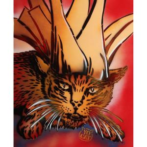 King Cat, Acrylic Signed: Yocat, French School, Cat