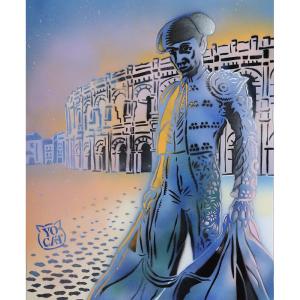 The Arena Of Nîmes, Acrylic, Signed: Yocat, French School, Toreador