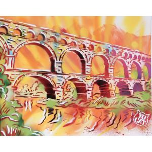 The Pont Du Gard, Acrylic Signed: Yocat, French School, Nîmes