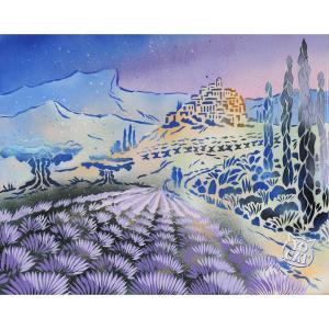 Provence, Acrylic Signed: Yocat, Lavender, French School