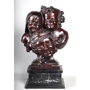 19th Century Bronze, 61 Cm, Signed Jean Barnabé Amy 1839/1907, The Human Comedy
