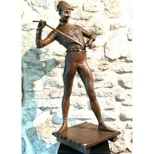 Large 19th Century Bronze, 85 Cm, Signed Paul Dubois 1829/1905, Harlequin