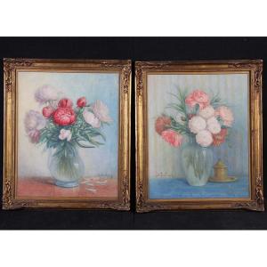 Pair Of Watercolors, 70x58 Cm, Bouquet Of Flowers, Signed: Dallaire, Circa 1900