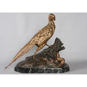 19th Century Bronze, 53 Cm, By Jules Moigniez 1835 / 1894, Pheasant And Shrew.