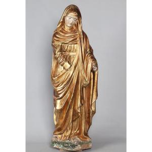 Large 18th Century Virgin, 90 Cm, Gilded Wood Sculpture With Gold Leaf