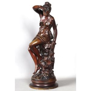 19th-century Bronze, 66 Cm, Lucienne Signoret Ledieu, Diana The Huntress At The Spring   