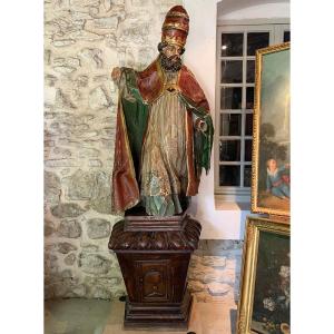 17th-century Sculpture, 195cm, Of Pope Saint Sixtus Ii, In Polychrome Wood, With Glass Eyes 